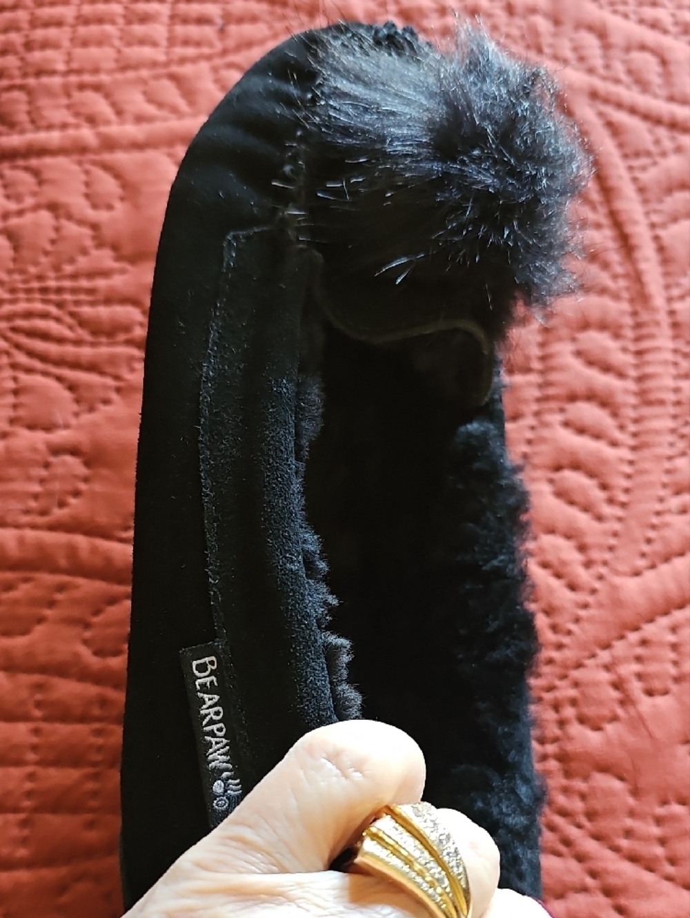 BearPaw Black Faux-Fur Pom Moccasin Slippers - Picture 3 of 8